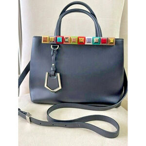 Fendi 2Jours Rainbow Petite Studded Black Leather Crossbody tote handbag purse